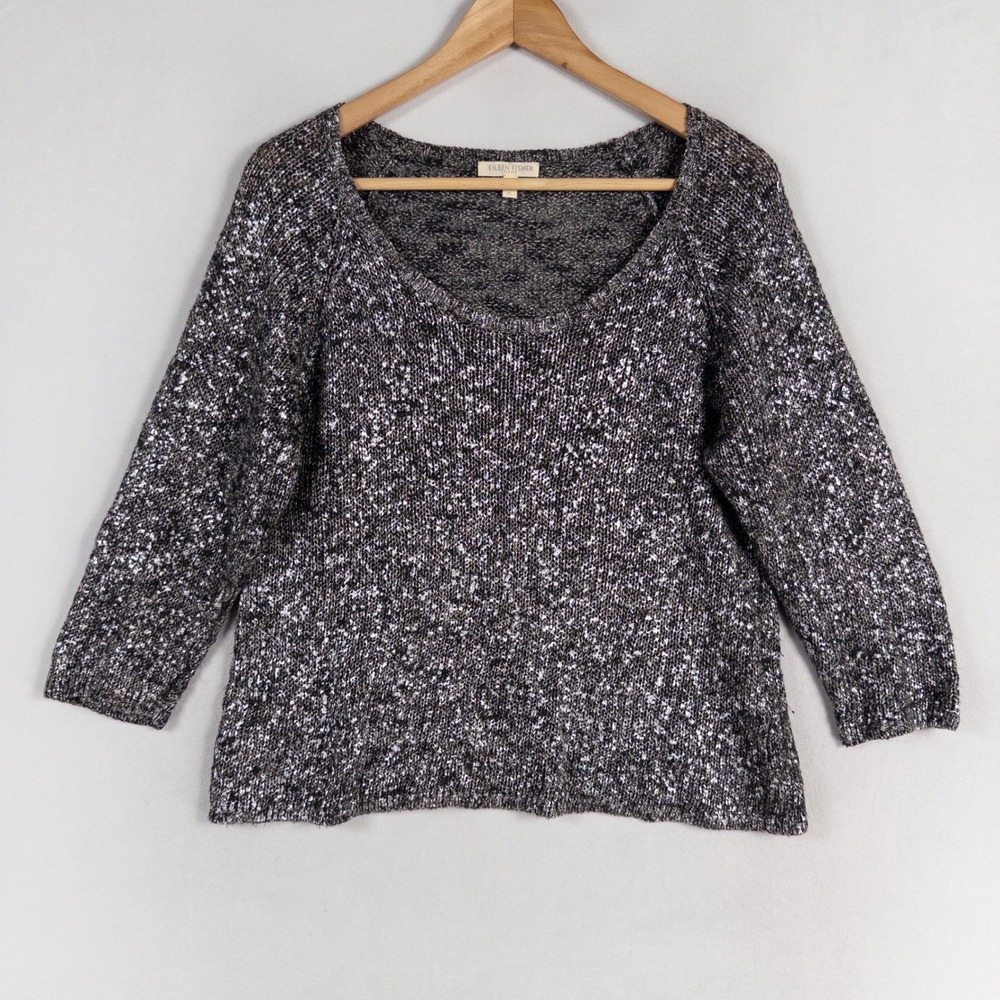 Eileen Fisher Sweater Sz Large PETITE Black Gray Silver Linen Blend Scoop Neck